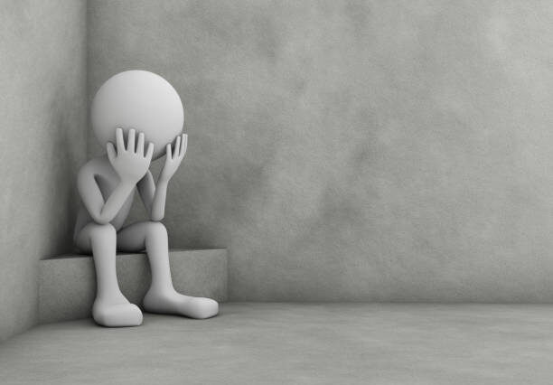 A man in depression sits in the corner of the room. 3d rendering.